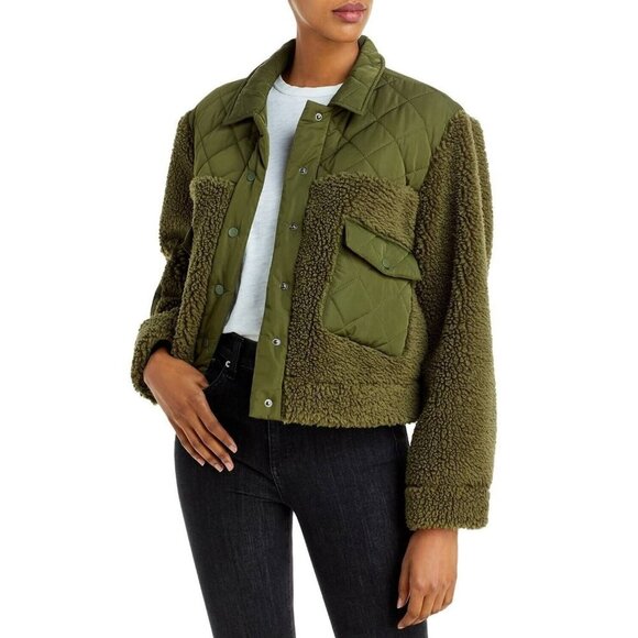 Rails Womens Peyton Mixed Media Quilted Fleece Jacket Olive Green Pockets Size M - Picture 1 of 9